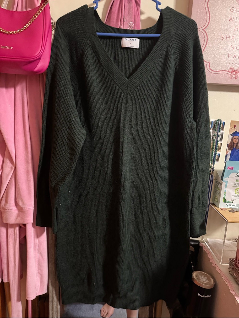 Old Navy Dark Green V-Neck Knit Sweater Dress